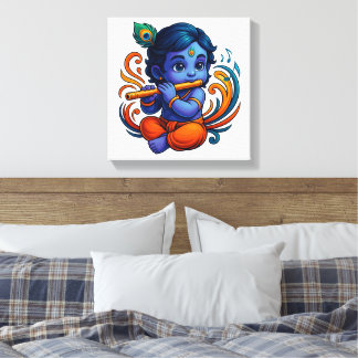 Baby Krishna met fluit – Peace Vibes | Levendig 3D Canvas Afdruk