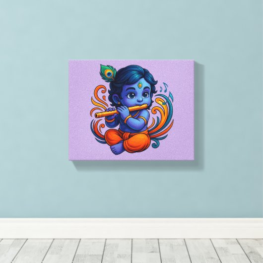 Baby Krishna met fluit – Peace Vibes | Levendig 3D Canvas Afdruk (Insitu (Houten vloer))
