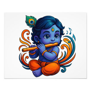 Baby Krishna met fluit – Peace Vibes   Levendig 3D Foto Afdruk