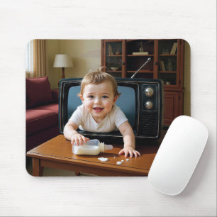 Baby kruipt uit een retro televisie muismat