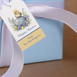 Baby Kuiken Gelukkig Pasen Ei Blauw Geel Bloemen Cadeaulabel