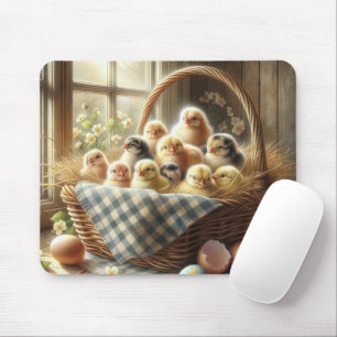 Baby-kuikens in een rieten mand muismat