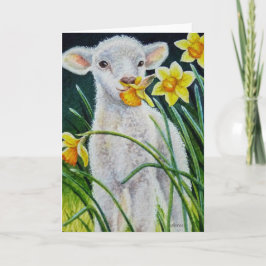 Baby Lam en Lenterse Daffodils Aquarel Kunst Kaart