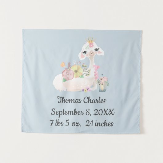 Baby Lama met Bloemen Witte en Blauwe Jongen Wandkleed (Voorkant (horizontaal))