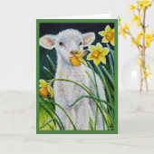 Baby Lamb en lentesaffodils Waterverf kunst Kaart (Gele Bloem)