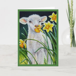 Baby Lamb en lentesaffodils Waterverf kunst Kaart