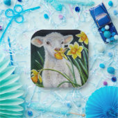 Baby Lamb en lentesaffodils Waterverf kunst Papieren Bordje (Feest)