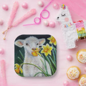 Baby Lamb en lentesaffodils Waterverf kunst Papieren Bordje (Feest)