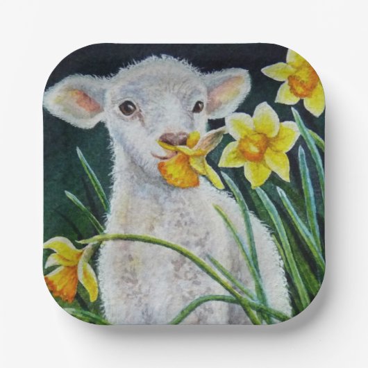 Baby Lamb en lentesaffodils Waterverf kunst Papieren Bordje (Voorkant)
