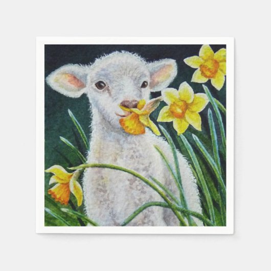 Baby Lamb en lentesaffodils Waterverf kunst Servet (Voorkant)