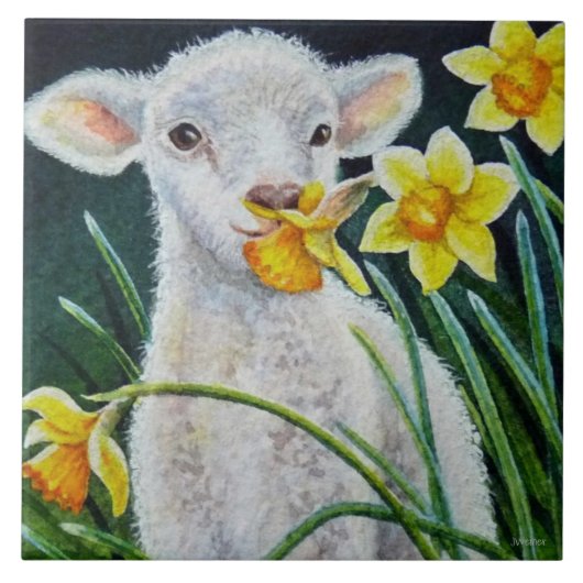 Baby Lamb en lentesaffodils Waterverf kunst Tegeltje (Voorkant)
