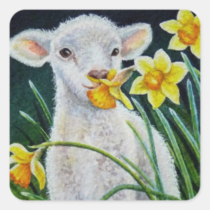 Baby Lamb en lentesaffodils Waterverf kunst Vierkante Sticker
