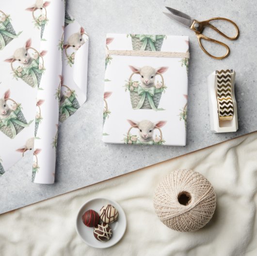 Baby Lamb in Basket Waterverf Baby shower Cadeaupapier (Crafts)