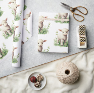 Baby Lamb in Groen Waterverf Baby shower Cadeaupapier