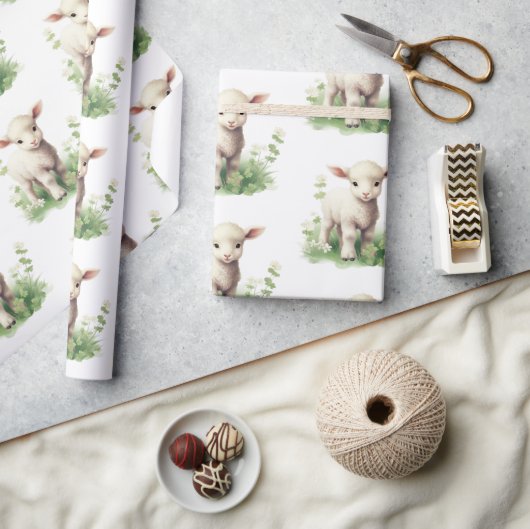Baby Lamb in Groen Waterverf Baby shower Cadeaupapier (Crafts)