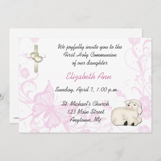 Baby Lamb Pink Religieuze Uitnodiging (Voorkant / Achterkant)
