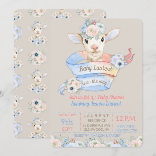 Baby Lamb Roze Blauw Genderneutraal onthullen Kaart (Voorkant / Achterkant)