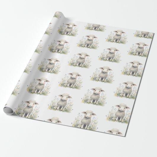 Baby Lamb Sheep Waterverf Baby shower Cadeaupapier (Uitgerold)