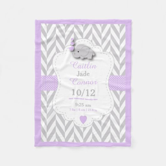Baby Lavender Elephant Birth Keepomwille Design Fleece Deken (Voorkant)