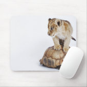 Baby leeuw op tortoise , witte achtergrond muismat (Met muis)