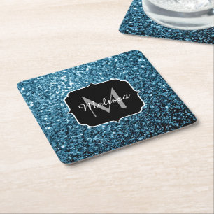 Baby lichtblauwe faux glitter sparter Monogram Kartonnen Onderzetters