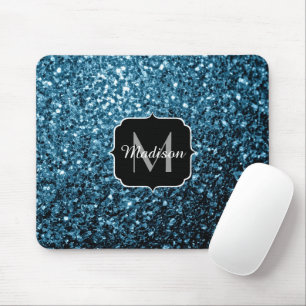 Baby lichtblauwe nepschitterende glitter monogram muismat