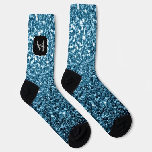 Baby lichtblauwe nepschittertjes glitters monogram sokken (Rechts)