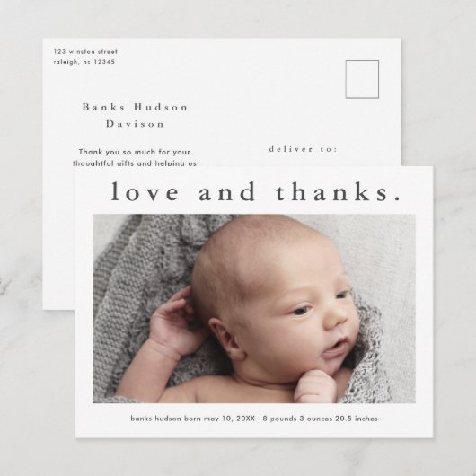 Baby Liefde en Bedankt Foto geboorteaankondiging Briefkaart (Voorkant / Achterkant)