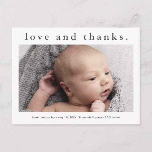Baby Liefde en Bedankt Foto geboorteaankondiging Briefkaart (Voorkant)