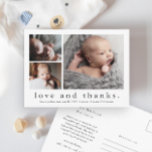 Baby Liefde en Bedankt Foto geboorteaankondiging Briefkaart<br><div class="desc">Een zoete 3 foto collage geboorteaankondiging en bedankt briefkaart met een eenvoudig modern type en 3 afbeeldingen aan de voorkant. De rug is een brievenbaar briefkaart met een grote volledige naamkopbal en een persoonlijk bericht van de familie. Klik uitgeven knoop om dit ontwerp met uw foto's en details aan te...</div>