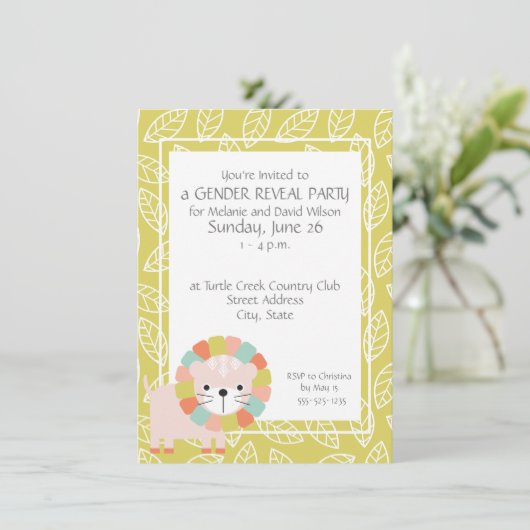 Baby Lion Gender Reveal-feestuitnodigingen Kaart (Staand voorkant)