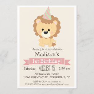 Baby Lion Girl's Birthday Party Invitation Kaart