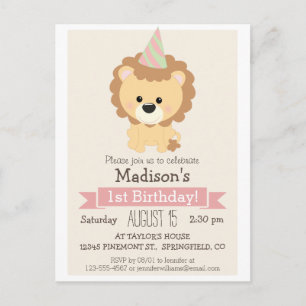 Baby Lion Girl's Birthday Party Invitation Uitnodiging Briefkaart