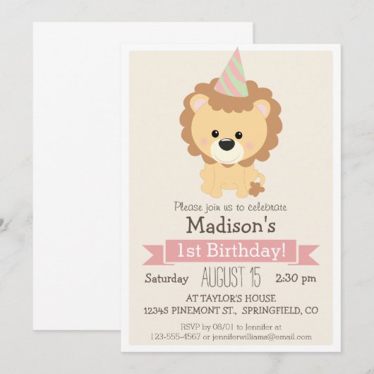 Baby Lion Girl's verjaardagsfeestje Kaart (Voorkant / Achterkant)