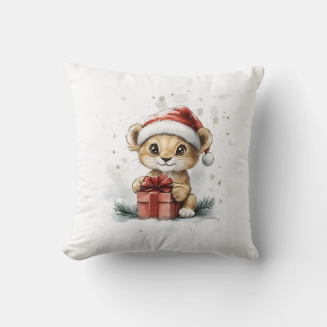 Baby Lion in Santa Hat met cadeau Wintervakantie Kussen (Voorkant)