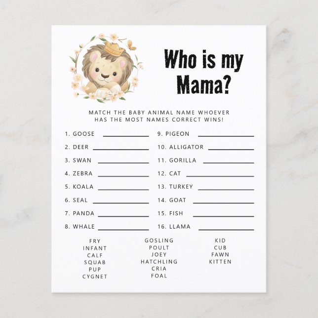 Baby Lion King Wie is mijn Mama Baby shower spel (Voorkant)