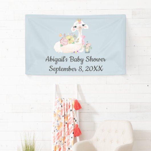 Baby Llama Flowers Wit Blauw Jongen Baby shower Spandoek (Insitu)