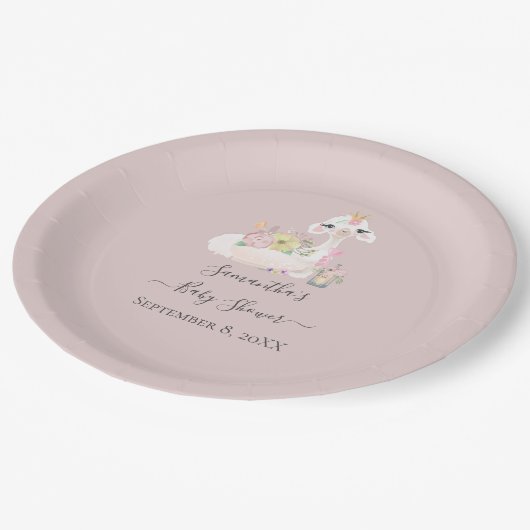 Baby Llama met witte en roze bloemen Schattig Papieren Bordje (Gekanteld)