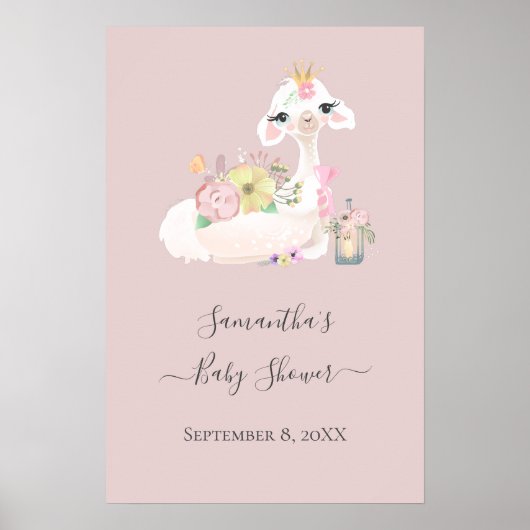 Baby Llama met witte en roze bloemen Schattig Poster (Voorkant)