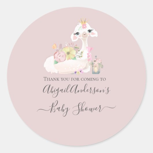 Baby Llama met witte en roze bloemen Schattig Ronde Sticker (Voorkant)