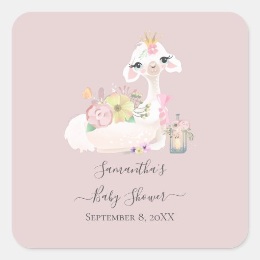 Baby Llama met witte en roze bloemen Schattig Vierkante Sticker (Voorkant)