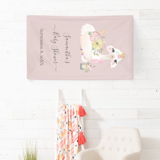 Baby Llama Wit en Roze Bloemen Baby shower Spandoek (Insitu)