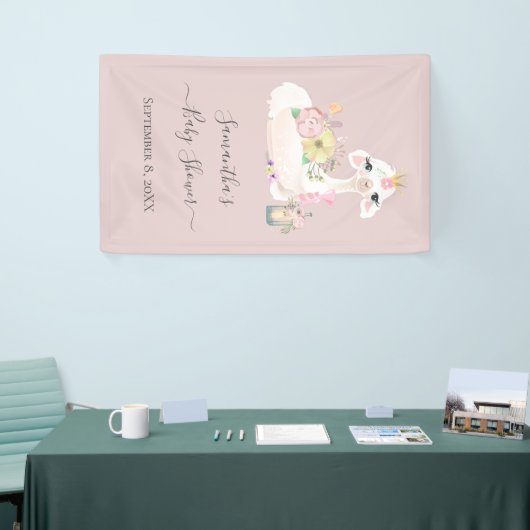 Baby Llama Wit en Roze Bloemen Baby shower Spandoek (Beurs)