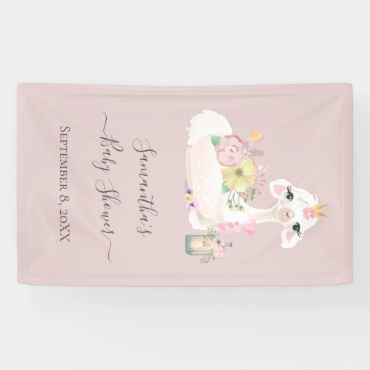 Baby Llama Wit en Roze Bloemen Baby shower Spandoek (Horizontaal)