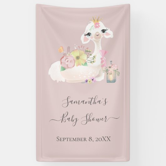 Baby Llama Wit en Roze Bloemen Baby shower Spandoek (Verticaal)