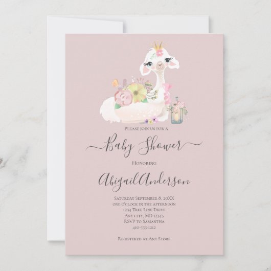Baby Llama Wit Roze Bloemen Baby shower Kaart (Voorkant)