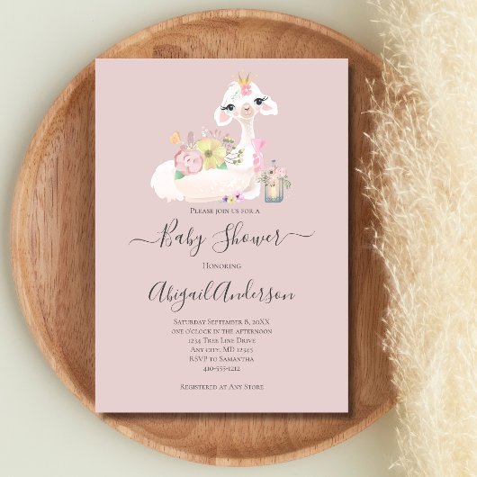Baby Llama Wit Roze Bloemen Baby shower Kaart