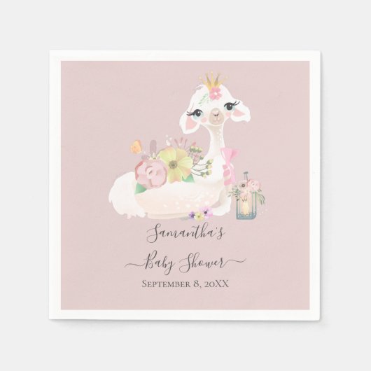 Baby Llama Wit Roze Bloemen Baby shower Servet (Voorkant)