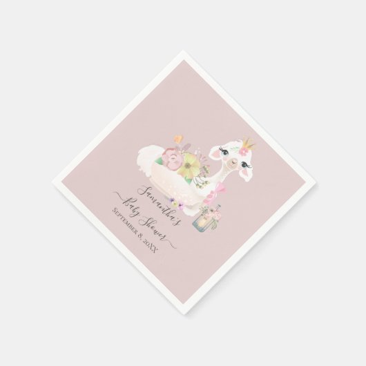 Baby Llama Wit Roze Bloemen Baby shower Servet (Hoek)