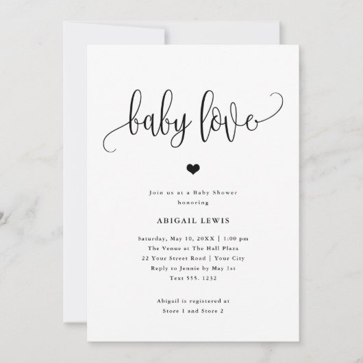 Baby Love Black/White Calligraphy Baby shower Kaart (Voorkant)